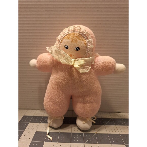 Vintage Russ Terry Cloth Baby Doll Rattle Plush Printed Fabric Face - Picture 1 of 6